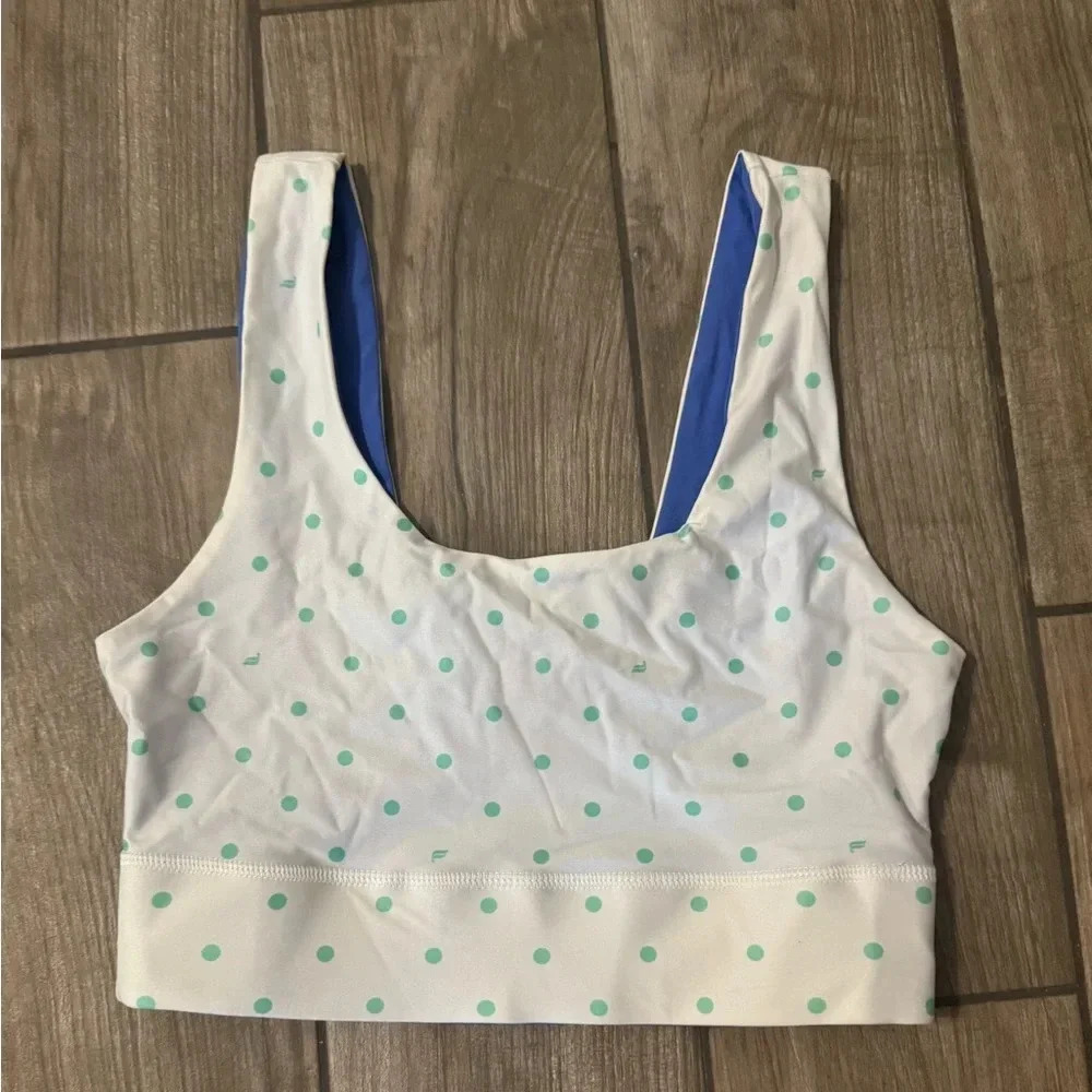 Fabletics White and Blue Polka Dot Sports Bra
